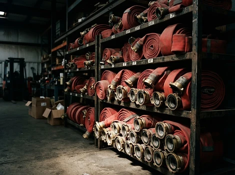 Gulungan fire hose berbagai diameter di rak gudang